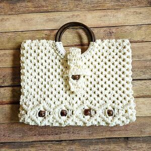 Vintage Retro Handmade Macramé Crochet handbag with Beads Boho Bohemian Grandma
